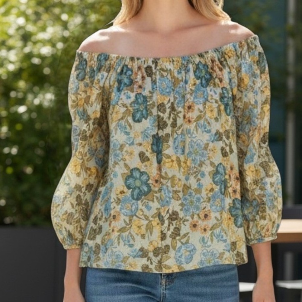 a.n.a Womens PS Cottagecore Floral Off Shoulder Boho Peasant Blouse Cotton Top